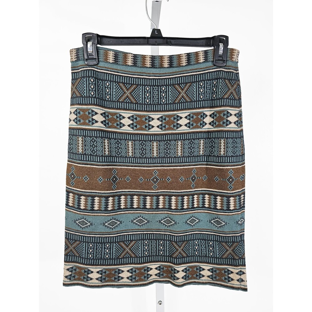Peruvian Connection Small Knit Brown Blue Tan Geometric Aztec Skirt